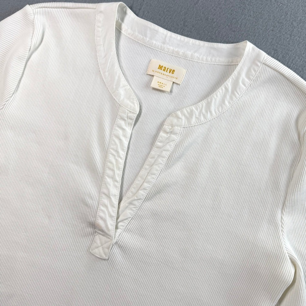 Maeve Anthropologie Popover Top Women Small White Ribbed Cuffed Capsule Wardrobe - Picture 7 of 11